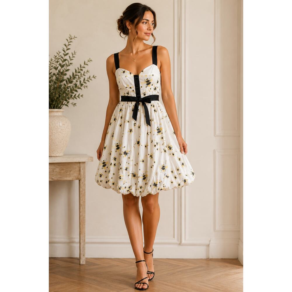 Diane von Furstenberg Bee Print SZ6 Cotton Dress Button Front Bubble Hem Whimsy
